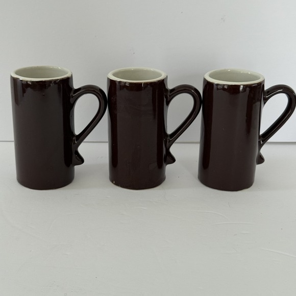 Unmarked Other - Vintage Brown Ceramic Tall Coffee Mugs Set of 3 Retro Stoneware Cups Diner Style